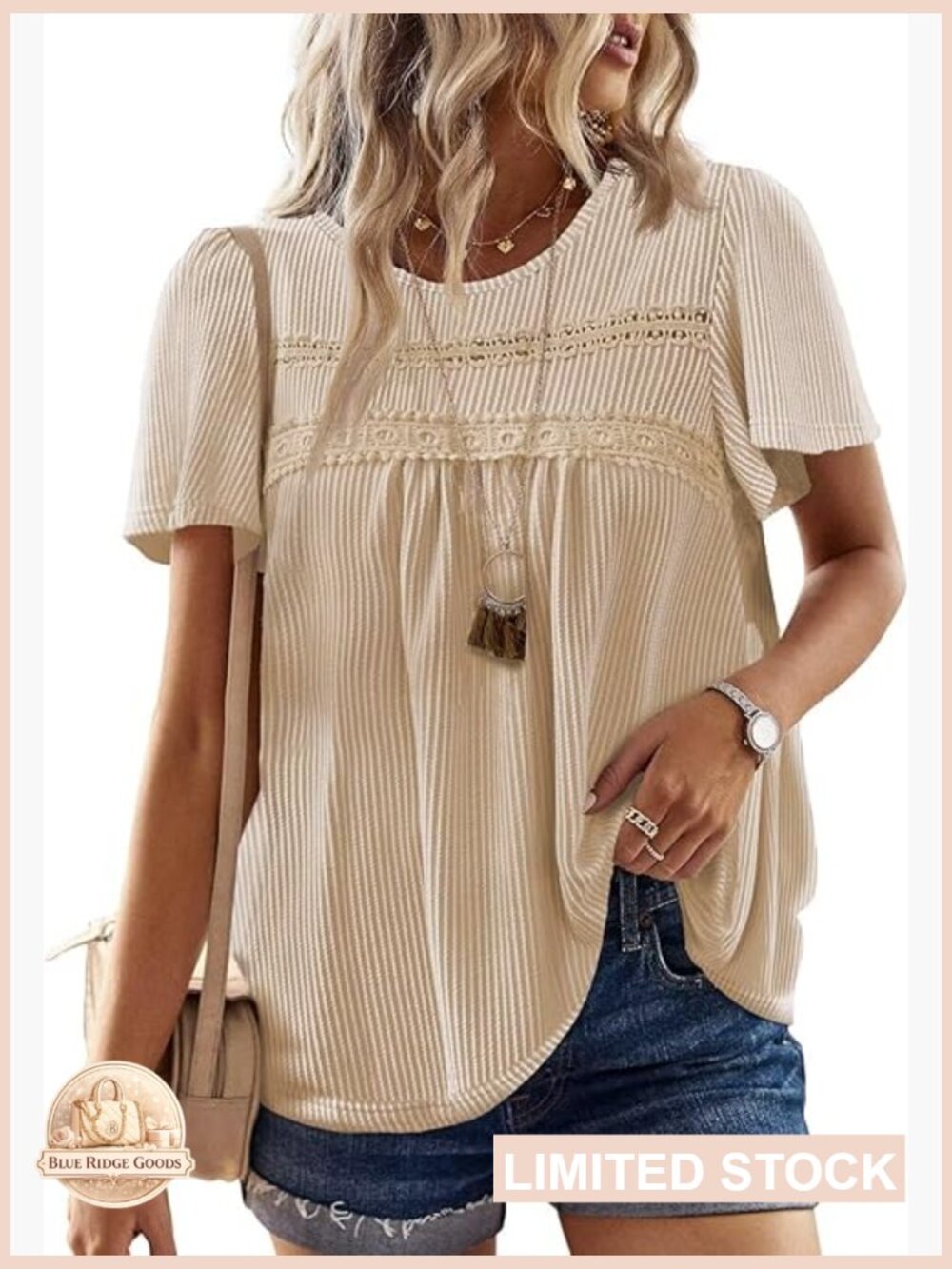 Boho Ribbed Blouse Loose Fit Crewneck Short Sleeve Flowy Hem Summer Top